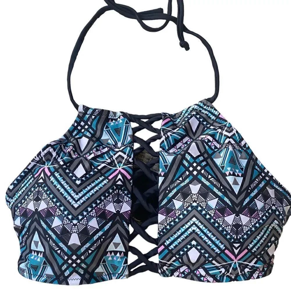 Rue Blue Geometric Cutout High Neck Halter Swim Top